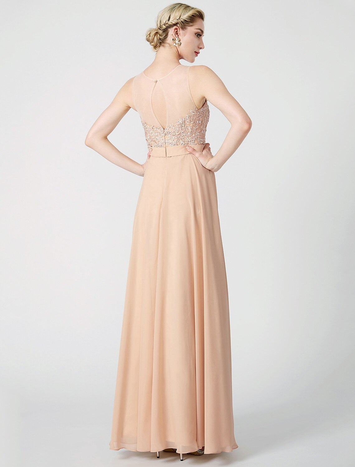 Abito da ballo classico e senza tempo a trapezio, con scollo a V, in chiffon, senza maniche, lungo fino al pavimento, in pizzo e perline, con applicazioni a pieghe, in colori pastello